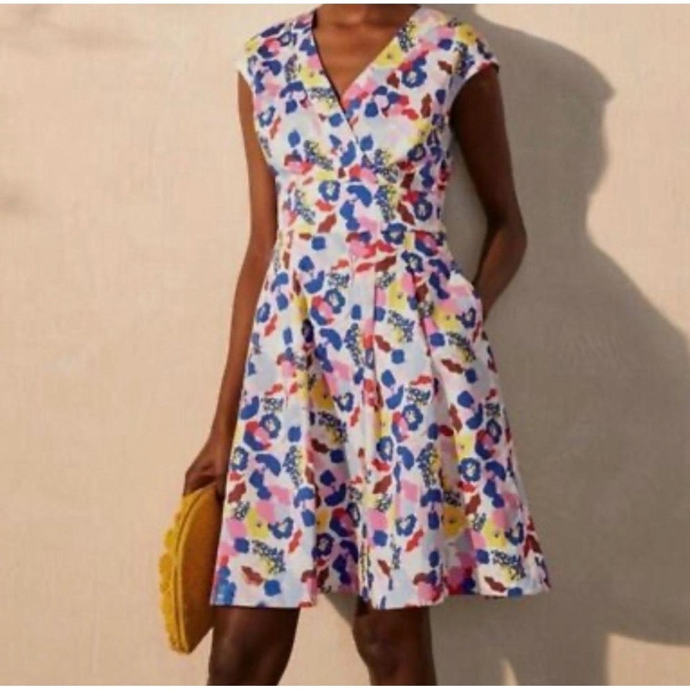 Boden Womens Floral Fit & Flare Dress V-Neck Cotton Cottage Core US 8R